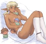  4boys artist_request bed blonde_hair blue_eyes blush chain dark_skin elf elvaan final_fantasy final_fantasy_xi giantess hand_in_panties kiss kneehighs lying masturbation multiple_boys panties pointy_ears ponytail socks tan tarutaru tongue topless underwear underwear_only white_legwear white_panties 