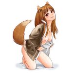  abekawa animal_ears barefoot bottomless breasts brown_hair holo medium_breasts nipples open_clothes open_shirt red_eyes shirt solo spice_and_wolf tail undressing wolf_ears 