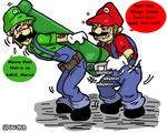  2boys luigi mario mario_(series) multiple_boys nintendo pipe spug super_mario_bros. what wrench 