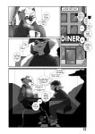  absurd_res anthro black_and_white building canid canine canis cecil_(moonrunes) clothing comic contract_(moonrunes) cup dialogue diner domestic_cat duo felid feline felis furniture hi_res male mammal manga monochrome moonrunes steam table window wolf xenny_(moonrunes) 
