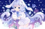  1girl angora_rabbit animal animal_ears bangs blue_bow blue_eyes blue_hair bow box bunny bunny_ears capelet chestnut_mouth christmas_lights christmas_tree commentary_request dress eyebrows_visible_through_hair fake_animal_ears fur-trimmed_capelet fur-trimmed_dress fur_trim gift gift_box gochuumon_wa_usagi_desu_ka? holding holding_animal kafuu_chino knees_together_feet_apart long_hair looking_at_viewer low_twintails no_shoes parted_lips snowflakes thighhighs tippy_(gochiusa) tsukimi_(xiaohuasan) twintails very_long_hair white_capelet white_dress white_legwear 