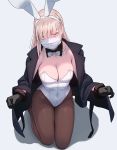  1girl animal_ears bangs black_coat blonde_hair bow bowtie breasts brown_legwear bunny_ears cleavage clenched_hand coat commentary_request covered_navel earrings eyebrows_visible_through_hair fake_animal_ears fur_trim gloves highres jewelry large_breasts leotard long_hair looking_at_viewer mask mouth_mask orange_eyes original pantyhose playboy_bunny_leotard sitting solo surgical_mask thighs wariza white_leotard yuuji_(and) 