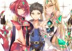  1boy 2girls armor blonde_hair blush breasts brown_hair cleavage covered_navel dress earrings eyebrows_visible_through_hair hinot holding holding_sword holding_weapon jewelry large_breasts long_hair looking_at_viewer multiple_girls mythra_(xenoblade) pyra_(xenoblade) red_eyes red_hair red_shorts rex_(xenoblade) short_hair short_shorts shorts smile sword teeth thighs very_long_hair weapon xenoblade_chronicles_(series) xenoblade_chronicles_2 yellow_eyes 