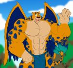  abs anthro big_muscles blue_body blue_feathers blue_fur blue_spots caseyljones clothed clothing cloud disney elena_of_avalor fangs feathers felid fur hand_up huge_muscles jaquin loincloth male mammal muscular muscular_anthro muscular_male sky skylar smile solo spots spotted_body spotted_fur wings yellow_body yellow_fur 