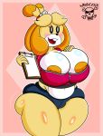  animal_crossing anthro big_breasts big_butt blush breasts butt camel_toe canid canine canis clipboard clothed clothing domestic_dog female fur hair hand_on_breast holding_clipboard holding_object isabelle_(animal_crossing) mammal mrxrickyx nintendo nipples open_mouth paper pink_background shih_tzu simple_background smile solo teeth thick_thighs tight_clothing tight_fit tongue toy_dog video_games wide_hips yellow_body yellow_fur 