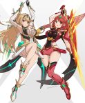 2girls armpits blonde_hair blush boots breasts cleavage cleavage_cutout clothing_cutout covered_navel dress dual_persona elbow_gloves fingerless_gloves fire gem gloves gonzarez hair_ornament headpiece highres holding holding_sword holding_weapon jewelry large_breasts long_hair miniskirt multiple_girls mythra_(xenoblade) pyra_(xenoblade) red_eyes red_hair red_shorts short_hair shorts simple_background skindentation skirt solo sword thighhighs thighs tiara very_long_hair weapon white_dress xenoblade_chronicles_(series) xenoblade_chronicles_2 yellow_eyes 