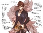  1boy belial_(granblue_fantasy) black_hair crossover fate/grand_order fate_(series) feather_boa gatibn granblue_fantasy hand_on_hip male_focus navel parody pectorals red_eyes shading solo translation_request white_background 