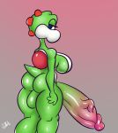  anthro balls big_breasts big_butt big_penis blue_eyes breasts butt dinosaur genitals green_yoshi gynomorph half-closed_eyes hand_on_hip hi_res huge_penis hyper hyper_genitalia hyper_penis intersex izzybsides looking_at_viewer looking_back mario_bros narrowed_eyes nintendo non-mammal_breasts nude penis rear_view reptile scalie simple_background solo standing thick_thighs vein veiny_penis video_games wide_hips yoshi 
