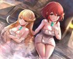  2girls angry bangs bath blonde_hair blush breasts cleavage dual_persona earrings gem gonzarez hair_ornament hand_on_own_chest headpiece highres jewelry long_hair looking_at_viewer multiple_girls mythra_(xenoblade) naughty_face onsen pyra_(xenoblade) red_eyes red_hair short_hair shy sitting smile swept_bangs teeth thighs tiara tsundere very_long_hair water xenoblade_chronicles_(series) xenoblade_chronicles_2 yellow_eyes 