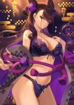  1girl bangs bare_shoulders bra breasts brown_hair cleavage collarbone commentary_request egasumi fate/grand_order fate_(series) gradient gradient_background groin hair_between_eyes hair_ornament hand_up highres japanese_clothes kimono lace lace-trimmed_bra lace-trimmed_panties lace_trim large_breasts lingerie long_hair looking_at_viewer mashuu_(neko_no_oyashiro) murasaki_shikibu_(fate) navel off_shoulder panties parted_lips purple_bra purple_eyes purple_panties rope sidelocks thighs underwear very_long_hair 