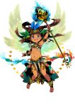  1girl ankh arm_up armlet armpits bangs black_hair blue_eyes dark_skin dark_skinned_female earrings egyptian egyptian_clothes eyebrows_visible_through_hair feathers fire floating_hair full_body gold gold_earrings gold_trim hair_feathers headdress highres himukai_yuuji holding holding_staff ings jewelry long_hair looking_at_viewer navel necklace open_mouth simple_background solo staff upper_teeth white_background wrist_cuffs 