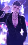  1boy alternate_costume blue_hair bodypaint buttons chain cigarette cu_chulainn_(fate)_(all) cu_chulainn_alter_(fate/grand_order) dark_persona earrings facepaint fate/grand_order fate_(series) glowing glowing_eyes hand_in_pocket iz_izhara jacket jewelry long_hair looking_at_viewer male_focus muscle necklace open_clothes open_jacket outrage_(fate/grand_order) pointing pointing_at_self ponytail red_eyes ring smoke smoking solo spiked_hair type-moon unbuttoned 