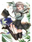  1girl :d arms_up bag bangs black_footwear black_legwear black_neckwear blue_skirt blurry blurry_foreground blush breasts brown_hair buttons center_frills character_request cluseller commentary_request copyright_request depth_of_field eyebrows_visible_through_hair frilled_skirt frills full_body garter_straps glasses green_eyes green_shirt green_skirt green_theme high-waist_skirt high_heels highres jumping lace lace-trimmed_legwear lace_trim large_breasts leaf long_hair long_sleeves looking_at_viewer miniskirt mole mole_under_mouth necktie open_mouth petticoat plaid red-framed_eyewear shirt shirt_tucked_in simple_background skirt smile solo thighhighs thighs unmoving_pattern white_background 
