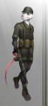  2018 anthro belt_pouch blue_eyes clothed clothing didelphid eyebrows fangs fn_fal fully_clothed fur gradient_background gun hat headgear headwear hi_res mammal marsupial military military_boots military_cap military_clothing military_pants military_uniform pimpartist pink_nose ranged_weapon rhodesia rifle simple_background traditional_media_(artwork) uniform walking weapon white_body white_fur 