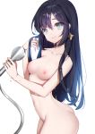  1girl absurdres ankkoyom arched_back bangs bathing black_hair blue_eyes breasts collarbone cowboy_shot earrings genshin_impact hair_between_eyes hair_down hand_up highres holding jewelry long_hair looking_at_viewer mona_(genshin_impact) navel nipples nude shower_head sidelocks simple_background small_breasts smile solo water wet white_background 