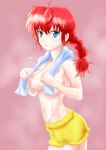  1girl bangs boxers braid braided_ponytail breasts closed_mouth commentary cowboy_shot eyebrows_visible_through_hair from_side genderswap highres light_frown looking_at_viewer medium_breasts medium_hair nabe_saori navel ranma-chan ranma_1/2 red_hair saotome_ranma single_braid solo standing steam topless towel towel_around_neck underwear wet 