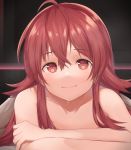  1girl ahoge bare_arms bare_shoulders blanket collarbone commentary_request idolmaster idolmaster_shiny_colors komiya_kaho long_hair looking_at_viewer red_eyes red_hair sikutogurei_(kunugi_miyaco) solo sweat under_covers upper_body 