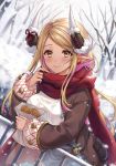  1girl bangs bare_tree belt blonde_hair blue_shorts blush breasts brown_coat closed_mouth coat dark_skin dark_skinned_female draph earrings eyebrows_visible_through_hair food granblue_fantasy highres horns jewelry kuvira_(granblue_fantasy) large_breasts lips long_hair long_sleeves looking_at_viewer outdoors paper pointy_ears red_scarf scarf shiao shorts smile snow solo sweater taiyaki tree wagashi white_sweater yellow_eyes 