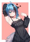  1girl 5danny1206 ahoge anger_vein animal_ears arm_up armpits bare_shoulders black_choker black_dress blue_hair cat_ears choker clenched_teeth cowboy_shot detached_sleeves dress earrings eyes_visible_through_hair floppy_ears green_eyes hair_intakes hair_over_one_eye hand_up highres jewelry long_sleeves looking_at_viewer mole mole_under_eye multicolored_hair original ribbed_dress short_hair solo streaked_hair sweat tail teeth two-tone_hair 