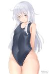  1girl 88942731ne arms_behind_back black_swimsuit commentary_request covered_navel cowboy_shot embarrassed flat_chest grey_eyes hibiki_(kantai_collection) highleg highleg_swimsuit highres kantai_collection long_hair looking_at_viewer simple_background solo standing swimsuit white_background white_hair 