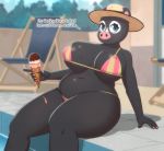  2020 5_fingers agnes_(animal_crossing) animal_crossing anthro big_breasts bikini black_body black_skin blue_eyes bodily_fluids bottomwear breasts chair clothed clothing colored_nails dessert dialogue domestic_pig english_text female fingers food furniture hat headgear headwear hi_res holding_food holding_object huge_breasts huge_thighs ice_cream looking_at_viewer lounge_chair mammal mostly_nude nails nintendo nipple_outline omegaozone outside overweight overweight_anthro overweight_female pattern_bikini pattern_bottomwear pattern_clothing pattern_swimwear pattern_topwear pig_nose pink_bikini pink_body pink_bottomwear pink_clothing pink_fingernails pink_nails pink_skin pink_swimwear pink_topwear sitting skimpy solo striped_bikini striped_bottomwear striped_clothing striped_swimwear striped_topwear stripes suid suina sus_(pig) sweat swimming_pool swimwear talking_to_viewer tan_hat tan_headwear text thick_thighs topwear video_games white_body white_skin yellow_bikini yellow_bottomwear yellow_clothing yellow_swimwear yellow_topwear 