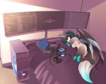  2017 anthro bed bedroom black_hair breasts canid canine computer controller digital_media_(artwork) eyes_closed feathered_wings feathers female furniture game_controller hair headphones inside laptop lying mammal monitor multicolored_hair nude rudragon sleeping slice_of_life smile tattoo two_tone_hair wings 
