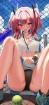  1girl absurdres ankle_socks azur_lane ball bangs bare_shoulders black_legwear black_panties blue_sky blush bottle bra breasts bremerton_(azur_lane) bremerton_(scorching-hot_training)_(azur_lane) chain-link_fence cleavage cloud collarbone collared_shirt commentary_request crop_top crop_top_overhang day eyebrows_visible_through_hair fence green_footwear green_skirt grey_hair groin hair_between_eyes hair_intakes hair_ornament hairclip heart heart_necklace highres holding holding_bottle knees_up kyonta large_breasts lifted_by_self long_hair looking_at_viewer midriff mole mole_under_eye multicolored_hair open_mouth outdoors panties pink_eyes pink_hair racket see-through shadow shirt shoes sidelocks sitting skirt skirt_lift sky sleeveless sleeveless_shirt sneakers solo sportswear streaked_hair sweat tennis_ball tennis_racket tennis_uniform twintails two-tone_hair two-tone_shirt two-tone_skirt underwear upper_teeth water_bottle wet wet_clothes wet_shirt white_shirt white_skirt wristband x_hair_ornament 