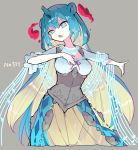  1girl :o blue_eyes blue_hair breasts commentary_request gen_1_pokemon gigantamax gigantamax_lapras grey_background highres horns jewelry lapras looking_at_viewer medium_breasts medium_hair necklace personification pokemon pokemon_(game) pokemon_swsh sakutake_(ue3sayu) see-through shawl simple_background single_horn solo 