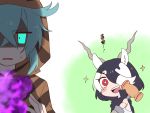 +_+ 2girls animal_ears antelope_ears antelope_horns aqua_hair bangs behind_another black_hair blackbuck_(kemono_friends) cape chibi darkness excited eyebrows_visible_through_hair green_eyes hair_over_one_eye highres holding holding_weapon hood hood_up hoodie horns isobee kemono_friends kemono_friends_3 long_sleeves looking_at_another medium_hair multicolored_hair multiple_girls open_mouth polearm red_eyes shaded_face shirt smile sparkle striped striped_hoodie swept_bangs translation_request tsuchinoko_(kemono_friends) two-tone_hair v-shaped_eyebrows weapon white_hair 