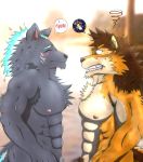  abs anthro barrel_(live-a-hero) blush canid canine canis duo embarrassed fire flaming_hair flaming_mane furlong_(live-a-hero) hi_res hyaenid light_green_(pixiv) live-a-hero male male/male mammal muscular muscular_anthro muscular_male pecs pseudo_hair pseudo_mane pubes wolf 