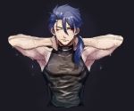  1boy angry black_background blue_hair choker cu_chulainn_(fate)_(all) cu_chulainn_(fate/prototype) earrings fate/prototype fate_(series) frown hoop_earrings jewelry long_hair looking_to_the_side male_focus one_eye_closed ponytail red_eyes shirt simple_background skin_tight sleeveless sleeveless_shirt solo sou_(e1209) spiked_hair type-moon wet wet_clothes wet_shirt 