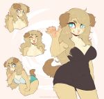  &lt;3 &lt;3_eyes 2019 5_fingers :o abstract_background anthro big_breasts biped black_clothing black_dress blonde_hair blue_bottomwear blue_clothing blue_eyes blue_shorts blue_topwear blush bottomwear breasts brown_body brown_ears brown_eyebrows brown_fur brown_hair brown_tail bust_portrait canid canine canis claws clothed clothing digital_media_(artwork) domestic_dog dress eyebrows eyes_closed female fingers freckles fur gesture hair happy hi_res ichiigoneko leaning leg_tuft lips long_hair mammal markings multicolored_body multicolored_fur nude open_mouth pawpads pink_background pink_nose pink_pawpads pink_paws portrait raised_index_finger shorts simple_background sketch_page smile solo tan_hair teeth text three-quarter_portrait topwear tuft url wavy_hair 