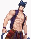  1boy abs animal_ear_fluff animal_ears artist_name bangs bara bare_pecs belt belt_buckle blue_eyes blue_hair brown_belt brown_pants buckle cat_boy cat_ears cat_tail collarbone commission cross-laced_clothes dutch_angle eyebrows_visible_through_hair fangs green_eyes grin hair_between_eyes heterochromia highres jouvru looking_at_viewer male_focus muscle navel nipple_piercing nipple_rings nipples open_clothes open_mouth open_vest original pants pectorals piercing simple_background slit_pupils smile solo standing symbol_commentary tail thick_eyebrows toned vest watermark white_background wristband 