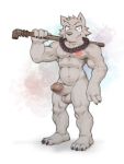  2020 3:4 anthro balls blush canid canine claws clothing digital_media_(artwork) erection genitals grin hi_res holding_object holding_weapon humanoid_genitalia humanoid_penis jewelry looking_at_viewer male mammal muscular muscular_anthro muscular_male nude penis pipe simple_background smile solo standing tattoo weapon weers 
