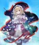  1girl :o bangs blonde_hair blue_background blue_eyes blue_flower bonnet capelet collar commentary_request cross-laced_clothes dress eyebrows_visible_through_hair flower frilled_capelet frilled_collar frilled_dress frilled_hat frills gap_(touhou) glowing_flower hand_on_own_chest hand_up hat head_tilt highres iris_(flower) long_dress long_sleeves looking_at_viewer maribel_hearn medium_hair mob_cap purple_dress purple_flower sidelocks solo touhou uwazumi white_capelet white_headwear 