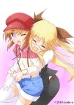  2girls alternate_costume alternate_hairstyle black_ribbon blonde_hair blush closed_eyes couple fate_testarossa glasses hair_ribbon happy hug hug_from_behind lyrical_nanoha mahou_shoujo_lyrical_nanoha mahou_shoujo_lyrical_nanoha_a&#039;s mode_(mode-n) multiple_girls open_mouth orange_hair purple_eyes ribbon smile takamachi_nanoha twintails yuri 