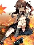  1girl ahoge arm_support autumn autumn_leaves black_skirt blurry blurry_foreground brown_hair day depth_of_field green_eyes hair_ribbon highres hololive knee_up lace lace_legwear leaf leg_hug long_hair looking_at_viewer lux_(dera_ix) natsuiro_matsuri outdoors paisley ribbon shoe_removed shoulders sitting skirt smile solo thighs watch wristwatch 