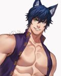  1boy abs animal_ear_fluff animal_ears artist_name bangs bara bare_pecs blue_eyes blue_hair cat_boy collarbone commission eyebrows_visible_through_hair fangs green_eyes grin hair_between_eyes heterochromia highres jouvru looking_at_viewer male_focus muscle nipple_piercing nipple_rings open_clothes open_mouth original pectorals piercing purple_vest simple_background slit_pupils smile solo symbol_commentary thick_eyebrows upper_body vest watermark white_background 