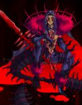  1boy angry blood blood_splatter blue_hair bodypaint cape closed_mouth cu_chulainn_(fate)_(all) cu_chulainn_alter_(fate/grand_order) dark_blue_hair dark_persona dark_skin earrings elbow_gloves facepaint fate/grand_order fate/stay_night fate_(series) frown full_body gae_bolg gloves highres hkhk_onsn hood hood_up hooded_cape jewelry long_hair looking_to_the_side male_focus monster_boy muscle pants ponytail red_eyes shirtless sitting solo spikes spread_legs tail type-moon 