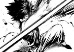  1boy bandaged_arm bandages blood clenched_hand greyscale hatching_(texture) hiei_(yuu_yuu_hakusho) highres iku_(ikuchan_kaoru) looking_at_viewer male_focus monochrome severed_limb slashing solo spiked_hair yuu_yuu_hakusho 