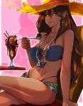  bikini bikini_top bikini_under_clothes breasts brown_hair cleavage dark_skin dark_skinned_female earrings eating food hat highres hoop_earrings ice_cream jewelry large_breasts long_hair michiko_malandro michiko_to_hacchin o-ring o-ring_bikini o-ring_top straw_hat sundae swimsuit toned 