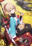  1girl :o black_scarf blonde_hair cat commentary_request cup eyebrows_visible_through_hair fate/grand_order fate_(series) food gabiran holding holding_food japanese_clothes kimono leaf long_sleeves looking_at_viewer okita_souji_(fate) okita_souji_(fate)_(all) open_mouth scarf short_hair sitting solo tea yellow_eyes 