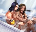  2boys bathroom bathtub black_eyes black_hair blush brown_hair chest_tattoo completely_nude couple cp9 facial_hair foxvulpine goatee jyabura knees_up long_hair male_focus messy_hair multiple_boys muscle nude one_piece partially_submerged pectorals rob_lucci rubber_duck scar scar_across_eye shared_bathing smile steam tattoo toned toned_male water wet wet_hair yaoi 