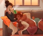  2020 5_fingers anthro black_hair breasts brown_body brown_fur brown_hair canid canine canis clothed clothing digital_media_(artwork) domestic_dog duo eyebrows eyelashes female fingers fur geekidog hair mammal smile ursid 