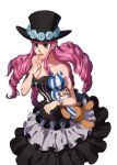  1girl bare_shoulders black_dress black_eyes breasts cleavage cropped_legs dress foxvulpine head_tilt leaning_forward lipstick long_hair looking_at_viewer makeup one_piece perona pink_hair simple_background smile solo stuffed_toy twintails white_background 