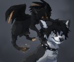  2017 4_toes ambiguous_gender black_body black_eyes black_feathers black_hair black_nose canid canine canis collar digital_media_(artwork) domestic_dog duo feathered_wings feathers felid feline feral fur grey_background hair hi_res mammal orange_eyes orange_pawpads pawpads reysi simple_background toes white_body white_fur wings 