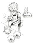  2boys absurdres android apron bald barefoot bowl cape chopsticks closed_mouth cooking earrings genos greyscale highres holding holding_chopsticks indian_style jewelry kotatsu mechanical_arms monochrome multiple_boys murata_yuusuke official_art one-punch_man pot saitama_(one-punch_man) scan simple_background sitting smile table traditional_media white_background 