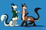  2019 4_toes 5_fingers blackpaw blue_background blue_body blue_eyes blue_fur breasts brown_body brown_fur claws clothing duo eyes_closed featureless_breasts featureless_crotch female fingers fur gesture green_clothing green_shirt green_topwear looking_at_self male nude sergal sergal_taur shirt simple_background tail_tuft taur thumbs_up toes topwear tuft white_body white_claws white_fur zarakon zarakon_(character) 