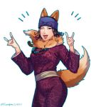  1girl ainu ainu_clothes animal_ears bandana black_hair earrings fox_ears fox_girl fox_tail foxvulpine golden_kamuy hoop_earrings inkarmat japanese_clothes jewelry kimono looking_at_viewer makeup one_eye_closed red_kimono short_hair simple_background smile solo tail 