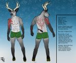  anthro antlers biped boxers_(clothing) cervid clothed clothing english_text fur hi_res hooves horn immoveableguide looking_at_viewer male mammal model_sheet nipples simple_background smile solace_(immoveableguide) solo standing tattoo text underwear 